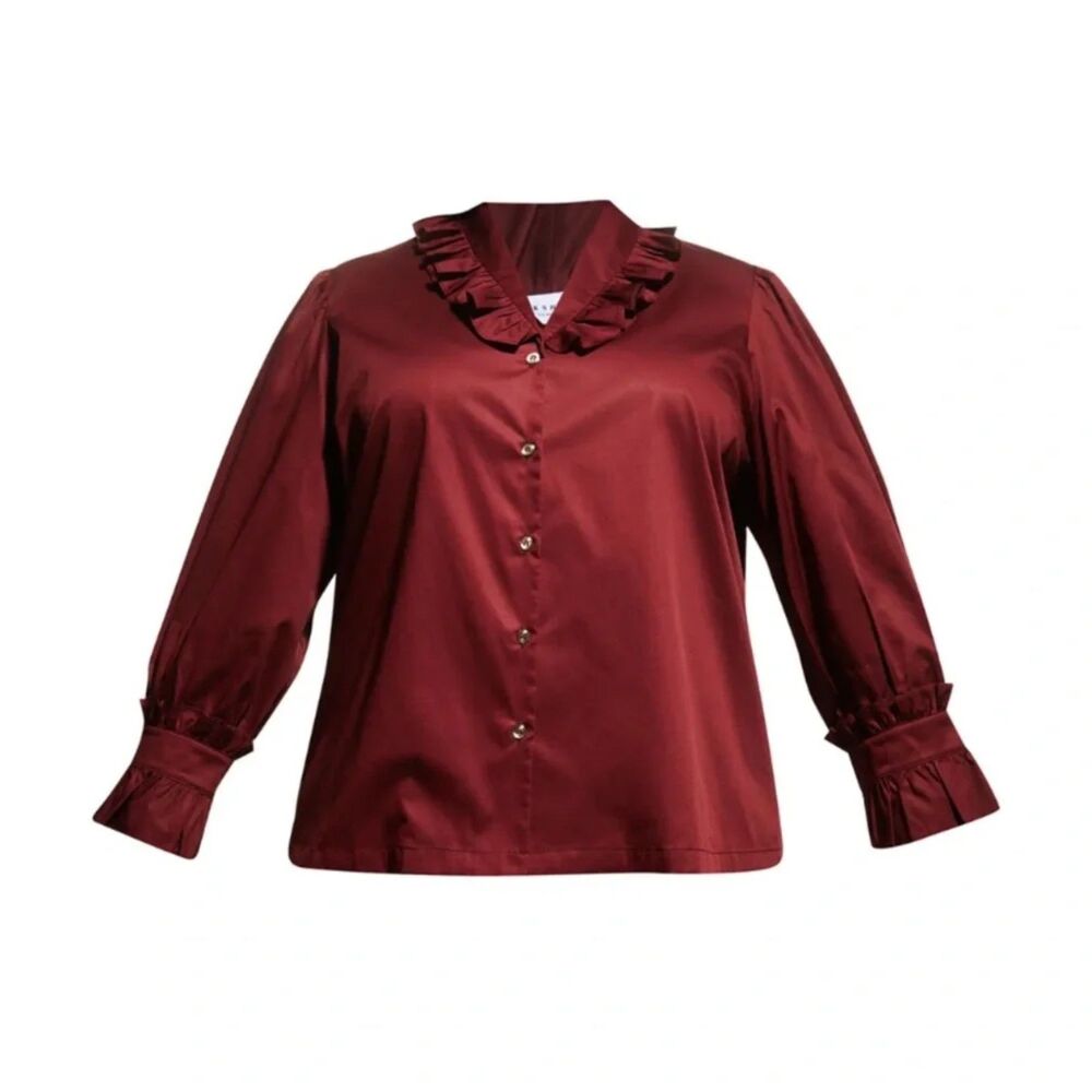 Harshman Fuella Ruffle V-Neck Cotton Blouse Burgundy – Women’s Size 3XL
